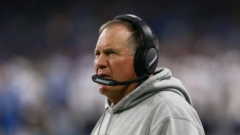 New England Patriots head coach Bill Belichick looks on as his team plays against the Detroit Lions