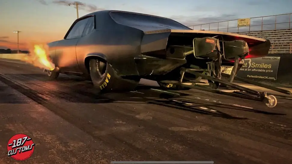Drag racer Shawn “Murder Nova” Ellington is about to make a pass in his famous ride