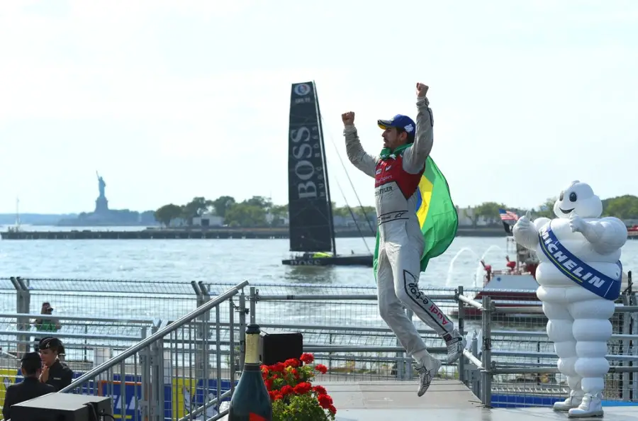 Formula E driver Lucas di Grassi celebrates with joy after winning on the Brooklyn Street Circuit
