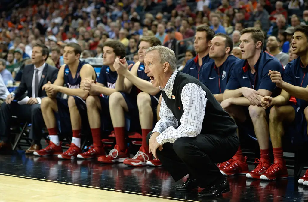 Belmont Bruins men's basketball coach Rick Byrd reacts to a call against the Virginia Cavaliers in the 2015 NCAA Men's Basketball Tournament