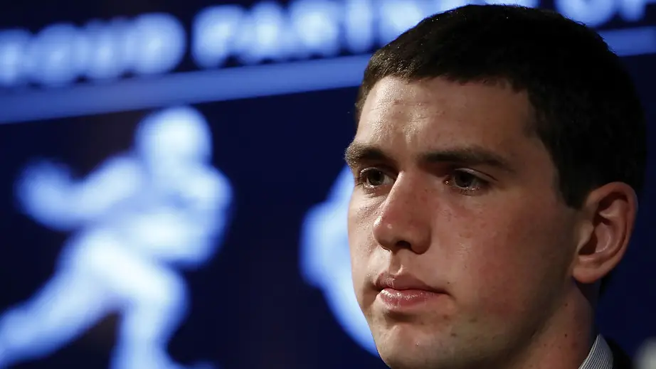 Stanford Cardinal quarterback Andrew Luck listens to a question at a press conference for the Heisman Trophy finalists at The New York Marriott Marquis