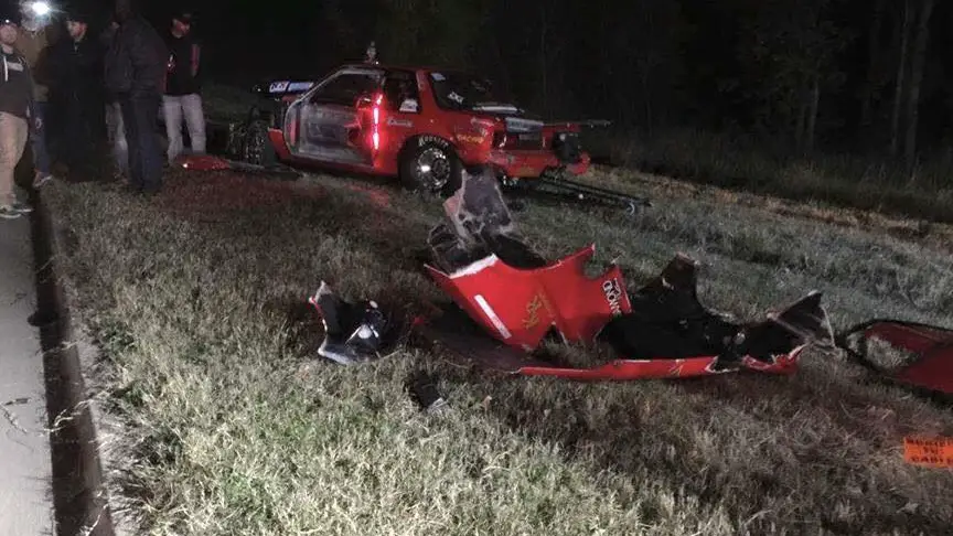 Street Outlaws driver Brian “Chucky” Davis’ destroyed car after being involved in an accident with Justin “Big Chief” Shearer for an upcoming episode of the Street Outlaws show