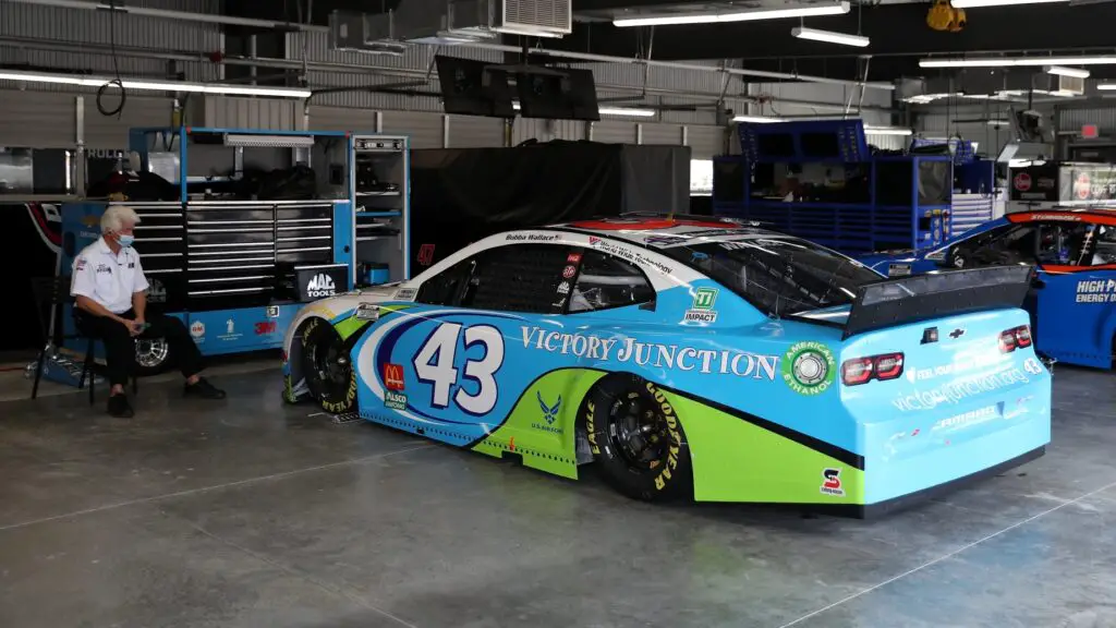 The #43 Victory Junction Chevrolet waits in the garage area prior to the NASCAR Cup Series GEICO 500