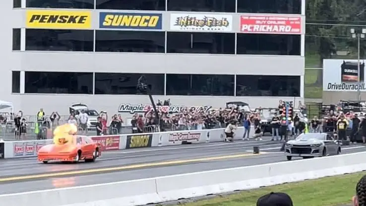 Street Outlaws No Prep Kings star Bobby Ducote experiences a fireball during his pass against Ryan Martin during the Street Outlaws No Prep Kings filming