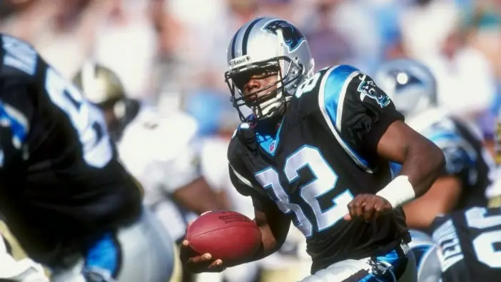 Former Carolina Panthers running back Fred Lane carries the football against the New Orleans Saints