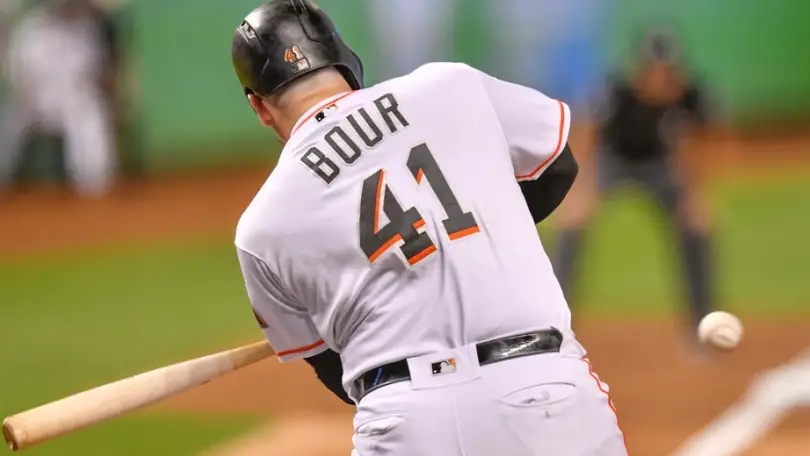 Slugger Justin Bour is seen in one of his last at-bats with the Miami Marlins