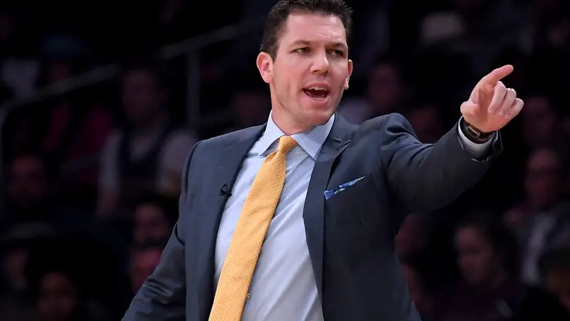 Former Los Angeles Lakers head coach Luke Walton points to his players during a game against the Golden State Warriors