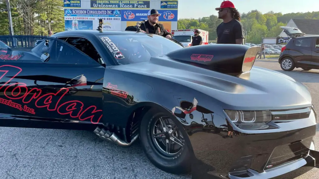 Kye Kelley Racing's race car Show Stopper in the lanes before making a pass at New England Dragway in Epping, New Hampshire