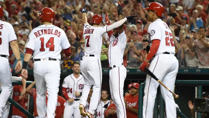 Washington Nationals shortstop Trea Turner celebrates after hitting a home run against the Miami Marlins