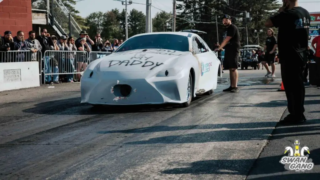 Street Outlaws No Prep Kings star Justin Swanstrom is in Prenup as he prepares to do a burnout at New England Dragway