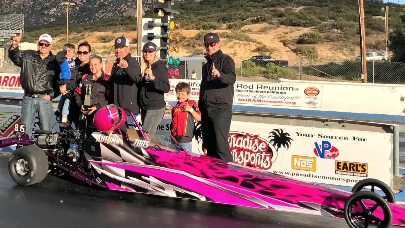 Junior Dragster driver Autumn Hight celebrates her first win with her family at Barona Dragstrip