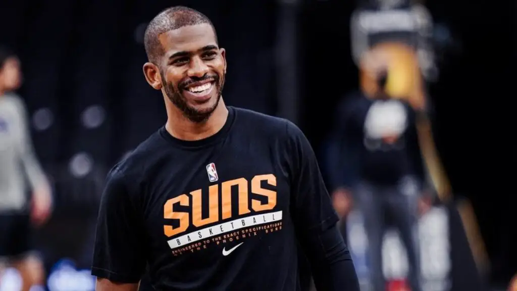 Phoenix Suns star Chris Paul is all smiles during practice before Game 1 of the NBA Finals against the Milwaukee Bucks