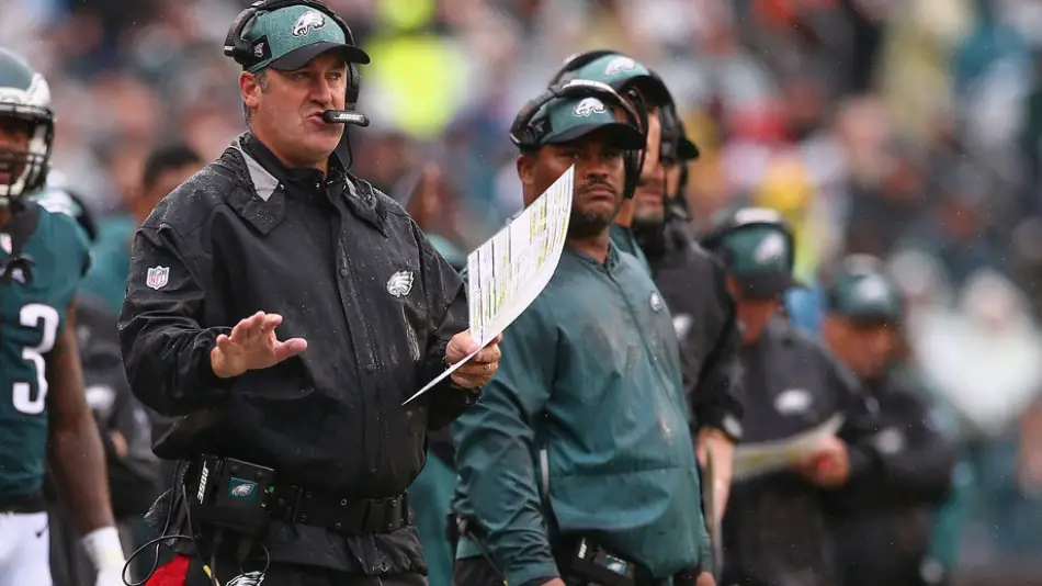 Former Philadelphia Eagles head coach Doug Pederson communicates with his team before a play against the Indianapolis Colts