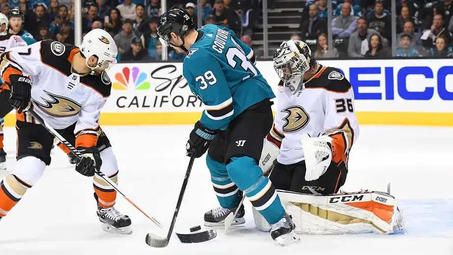 Anaheim Ducks goaltender John Gibson makes a save against the San Jose Sharks in the playoffs 