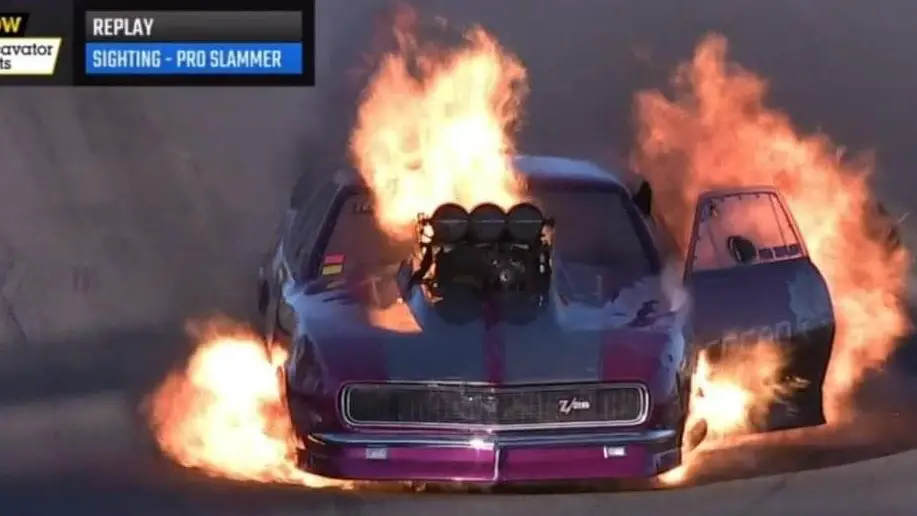 Pro Slammer driver Rob Taylor experienced a massive fire following a pass at the Winternationals
