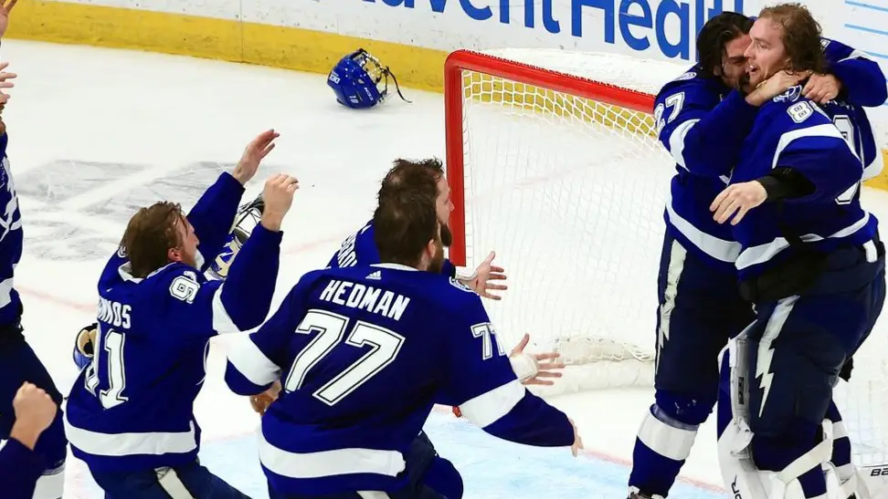 Tampa Bay Lightning players celebrate their Stanley Cup Finals win over the Montreal Canadiens after Game 5 of the series