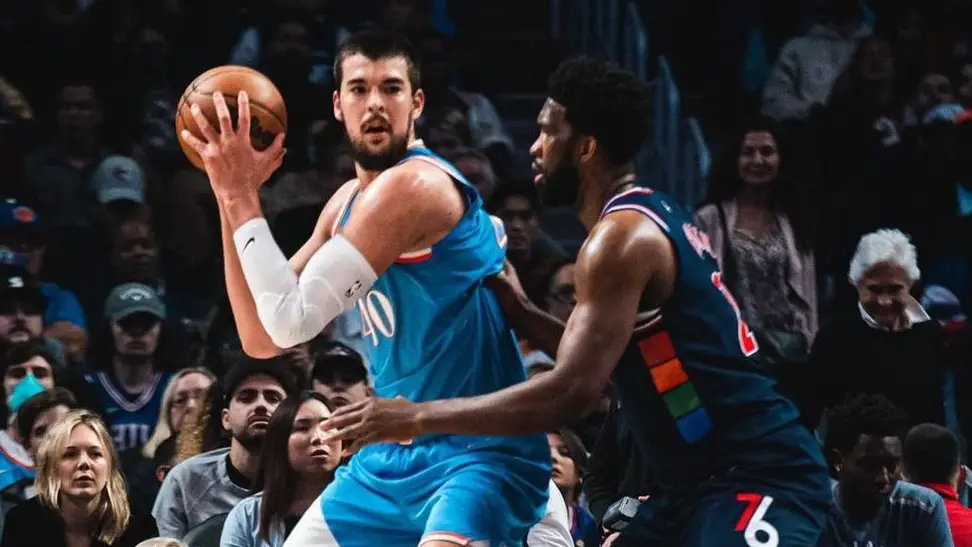 Los Angeles Clippers center Ivica Zubac posts up Joel Embiid against the Philadelphia 76ers