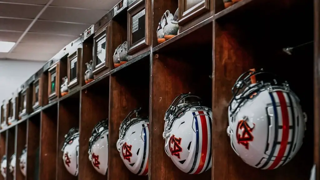 Auburn football helmets in the dressing room 