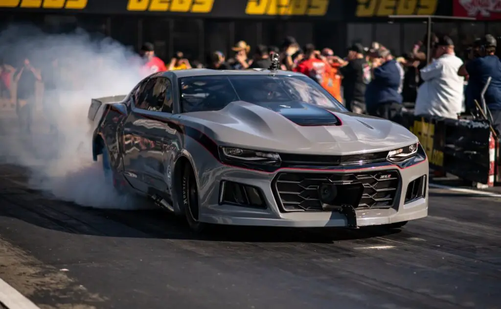 Two-time Street Outlaws No Prep Kings star Ryan Martin is seen doing a burnout at National Trail Raceway