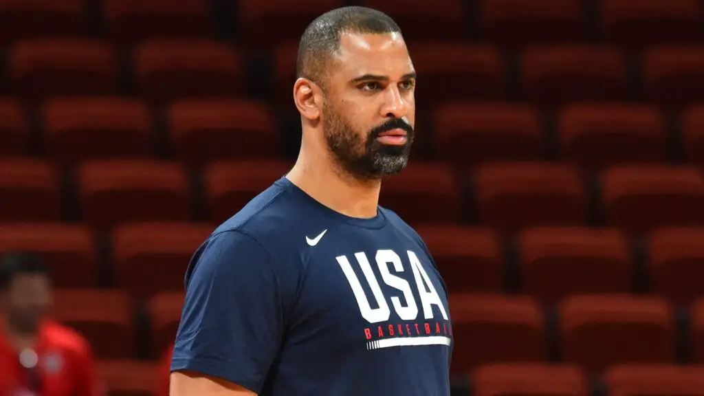 Assistant coach Ime Udoka looks on during shoot-around at the Shenzhen Bay Sports Center