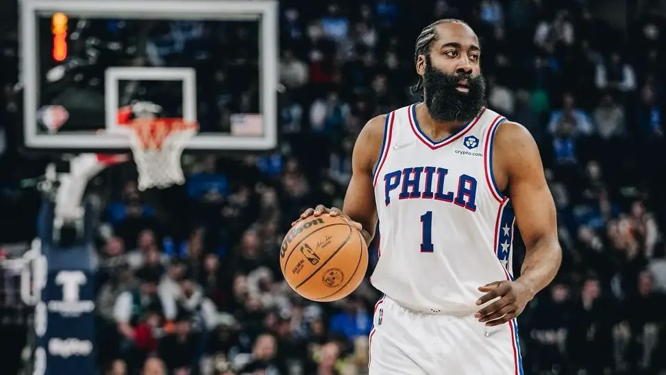 Philadelphia 76ers guard James Harden looks to direct a play in a game