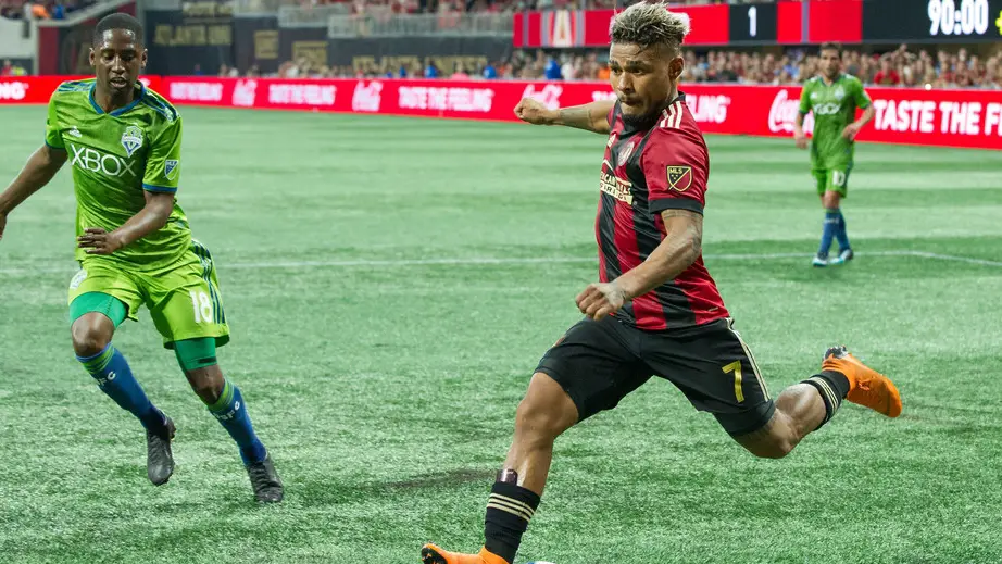 Atlanta United star Josef Martinez takes a shot against the Seattle Sounders FC in a game