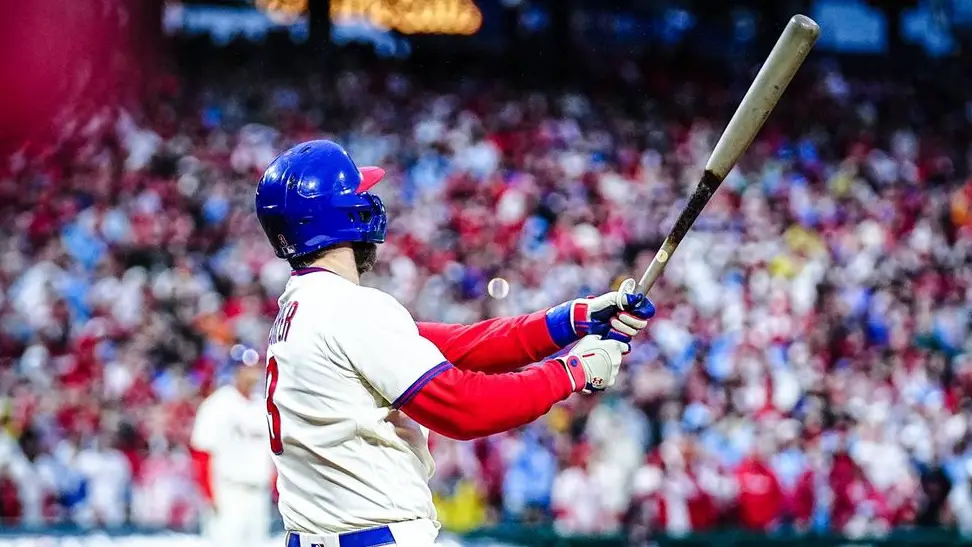Philadelphia Phillies outfielder Bryce Harper watches his game-winning home run against the San Diego Padres in Game 5 of the National League Championship Series