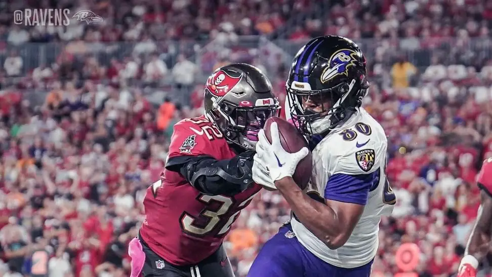 Baltimore Ravens tight end Isaiah Likely catching a touchdown reception against the Tampa Bay Buccaneers