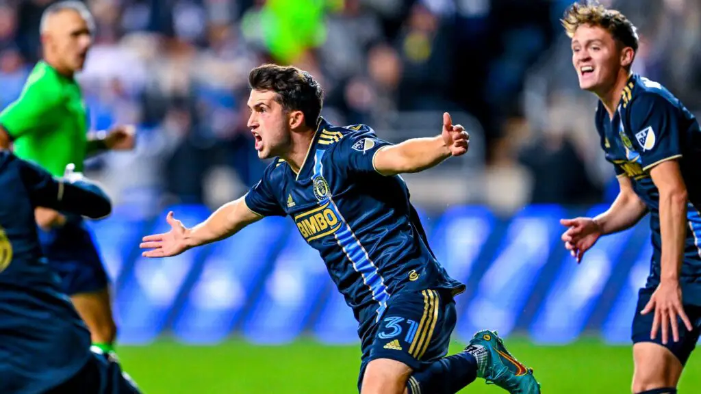 Philadelphia Union midfielder Leon Flach celebrates after scoring the game-winning goal in the 2022 MLS  Eastern Conference Semifinals against FC Cincinnati