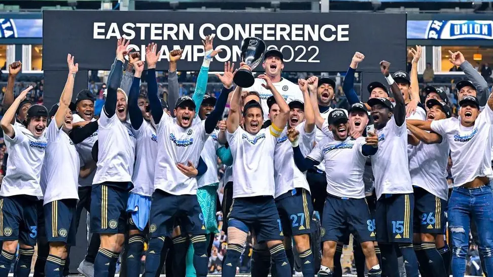 Philadelphia Union players celebrate their 2022 Eastern Conference Championship with a 3-1 win over NYCFC