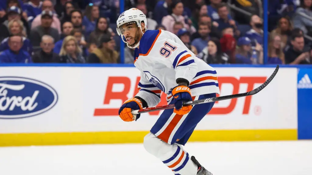 Edmonton Oilers star Evander Kane skates against the Tampa Bay Lightning during the first period