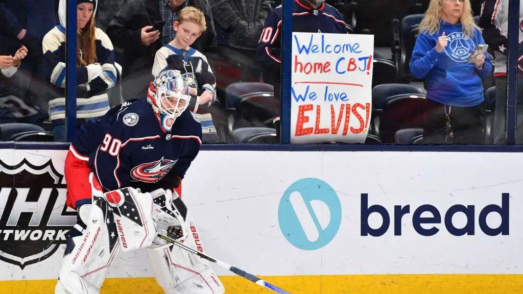 Columbus Blue Jackets goaltender Elvis Merzlikins warms up prior to the game against the Philadelphia Flyers