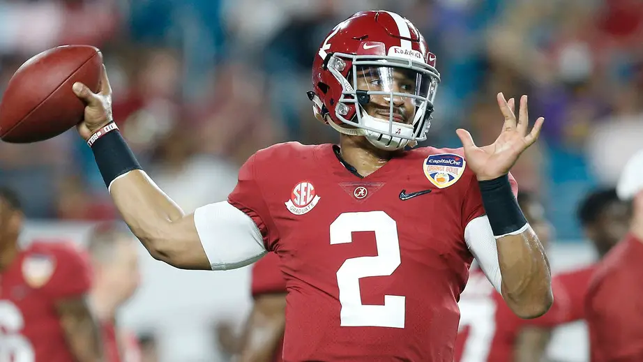 Former Alabama Crimson Tide quarterback Jalen Hurts warms up against the Oklahoma Sooners in the College Football Playoff in the Capital One Orange Bowl