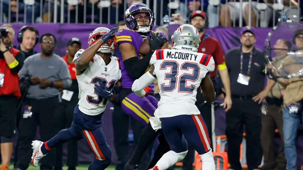 Minnesota Vikings wide receiver Justin Jefferson makes a reception against the New England Patriots