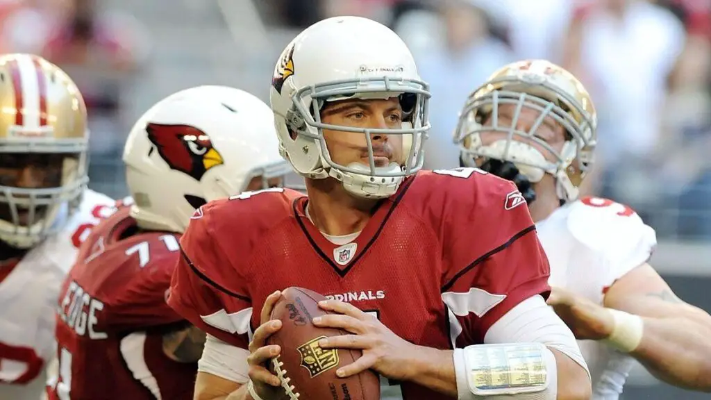 Arizona Cardinals quarterback Kevin Kolb gets ready to throw the ball down the field against the San Francisco 49ers