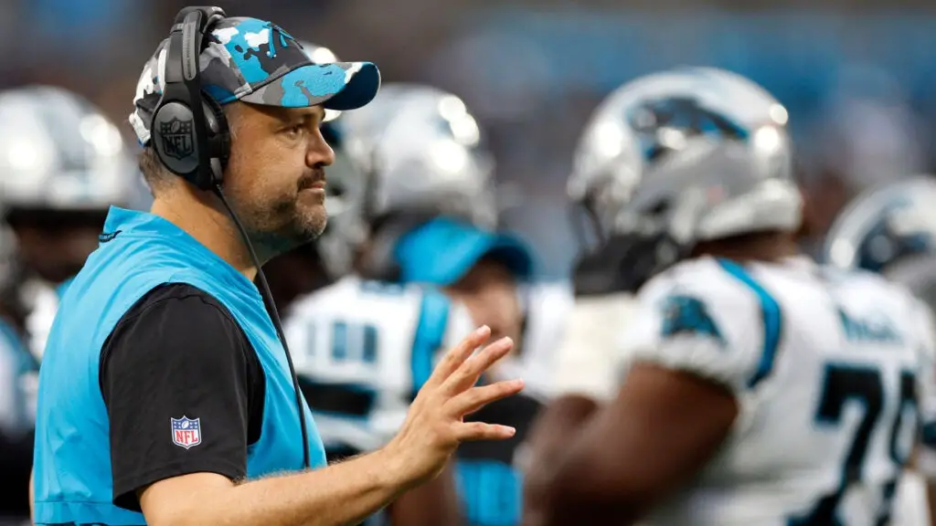 Former Carolina Panthers head coach Matt Rhule reacts to a call in the game against the Arizona Cardinals