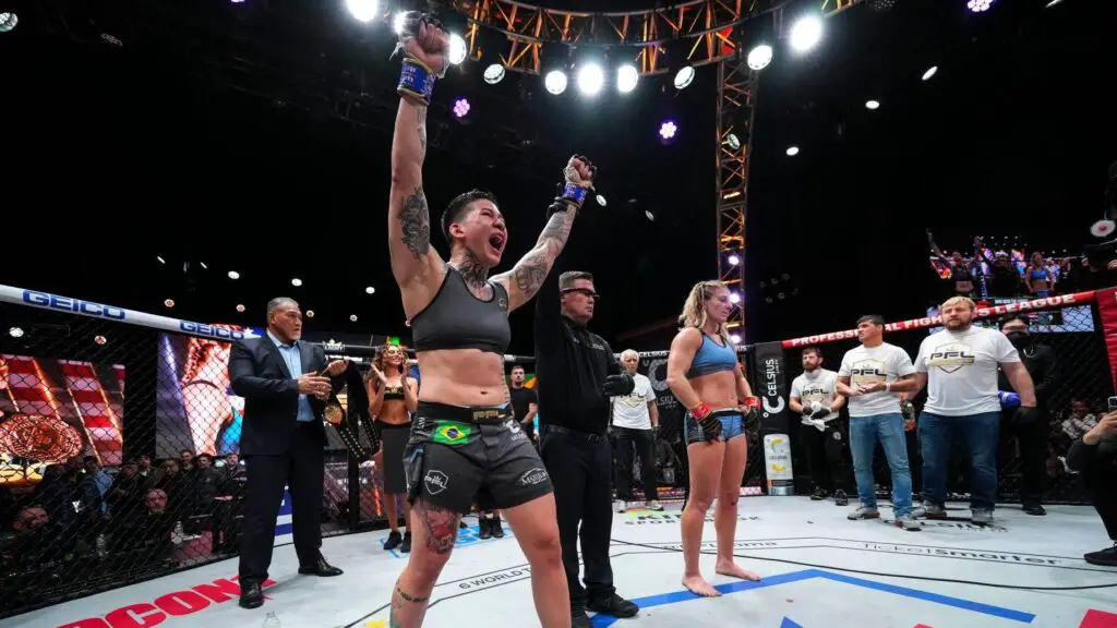 PFL fighter Larissa Pacheco celebrates after defeating Kayla Harrison in the main event of the 2022 PFL Championships