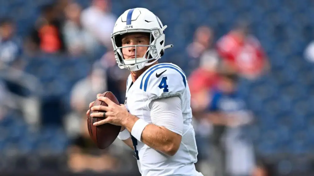 Indianapolis Colts quarterback Sam Ehlinger drops back to throw the football prior to the game against the New England Patriots