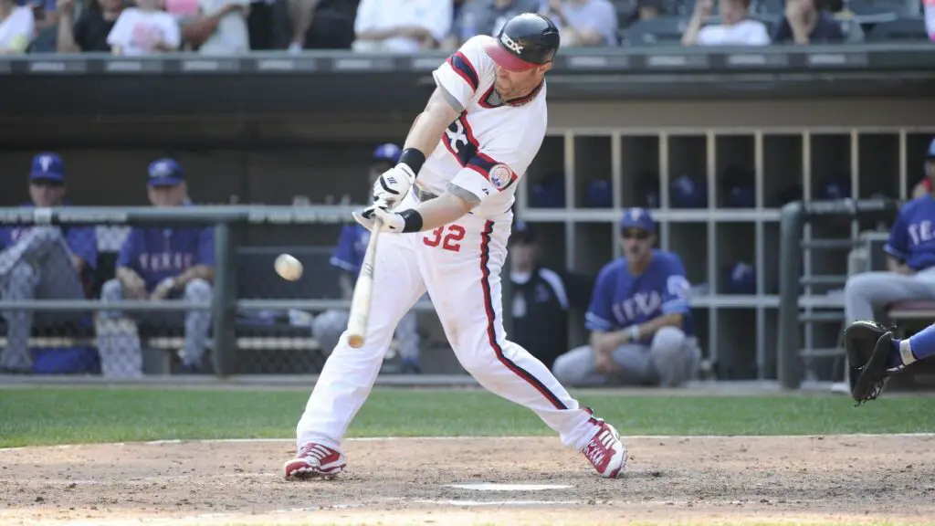 Chicago White Sox slugger Adam Dunn bats against the Texas Rangers