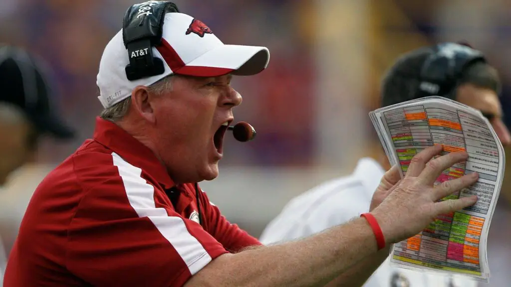 Arkansas Razorbacks head coach Bobby Petrino yells from the sideline to his players during the game against the LSU Tigers