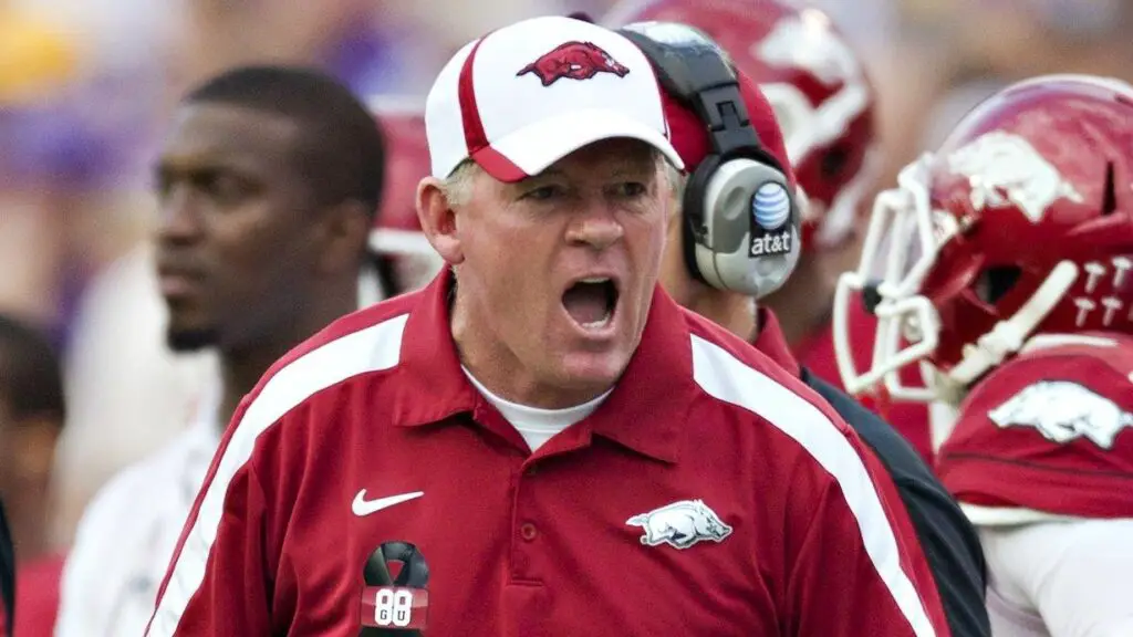 Arkansas Razorbacks head coach Bobby Petrino yells at an official during a game against the LSU Tigers