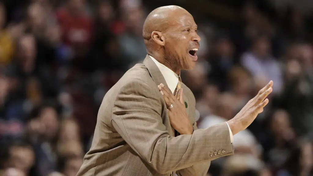 Former Cleveland Cavaliers head coach Byron Scott calls out a play late in the game against the Detroit Pistons