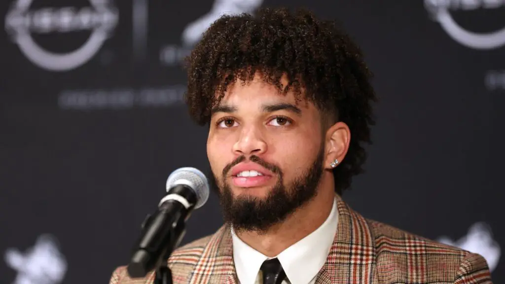 USC Trojans quarterback Caleb Williams speaks to the media during the press conference before the 2022 Heisman Trophy Presentation at the New York Marriott Marquis Hotel