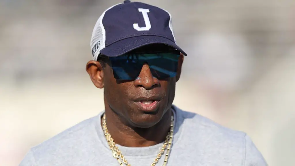 Former Jackson State head coach Deion Sanders looks on before the SWAC Championship game against the Southern Jaguars