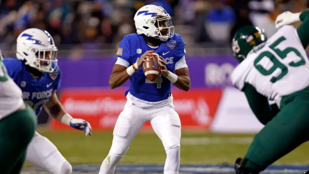 Air Force Falcons quarterback Haaziq Daniels looks to throw a pass against the Baylor Bears in the first half of the Lockheed Martin Armed Forces Bowl
