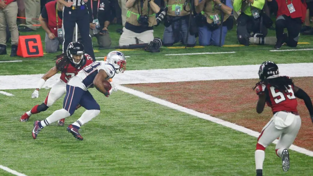 New England Patriots running back James White scores on a five-yard touchdown reception during Super Bowl 51 against the Atlanta Falcons