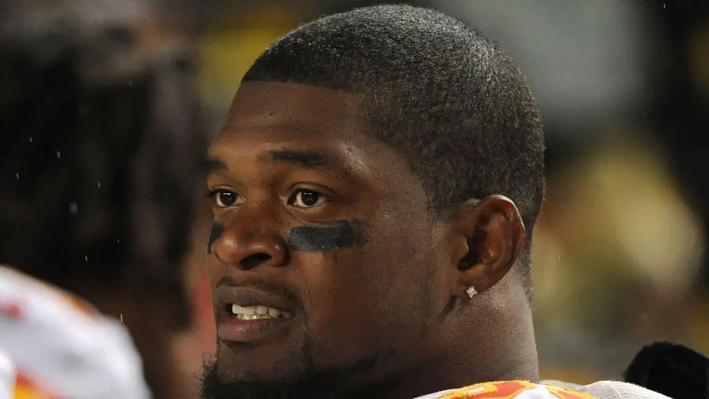Former Kansas City Chiefs linebacker Jovan Belcher looks on from the field during a game against the Pittsburgh Steelers