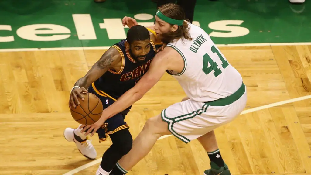 Former Boston Celtics guard Kyrie Irving drives to the basket against Kelly Olynyk against the Boston Celtics in the first half during Game 5 of the 2017 NBA Eastern Conference Finals