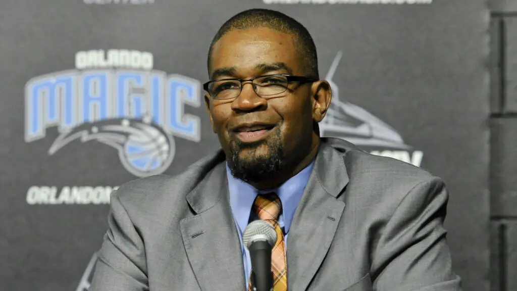 Orlando Magic President of Basketball Operations/General Manager Otis Smith addresses the gathered media
