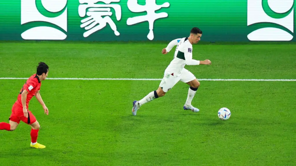 Portugal star soccer player Cristiano Ronaldo kicks the ball down the field during the FIA World Cup Qatar Group H match against Korea Republic